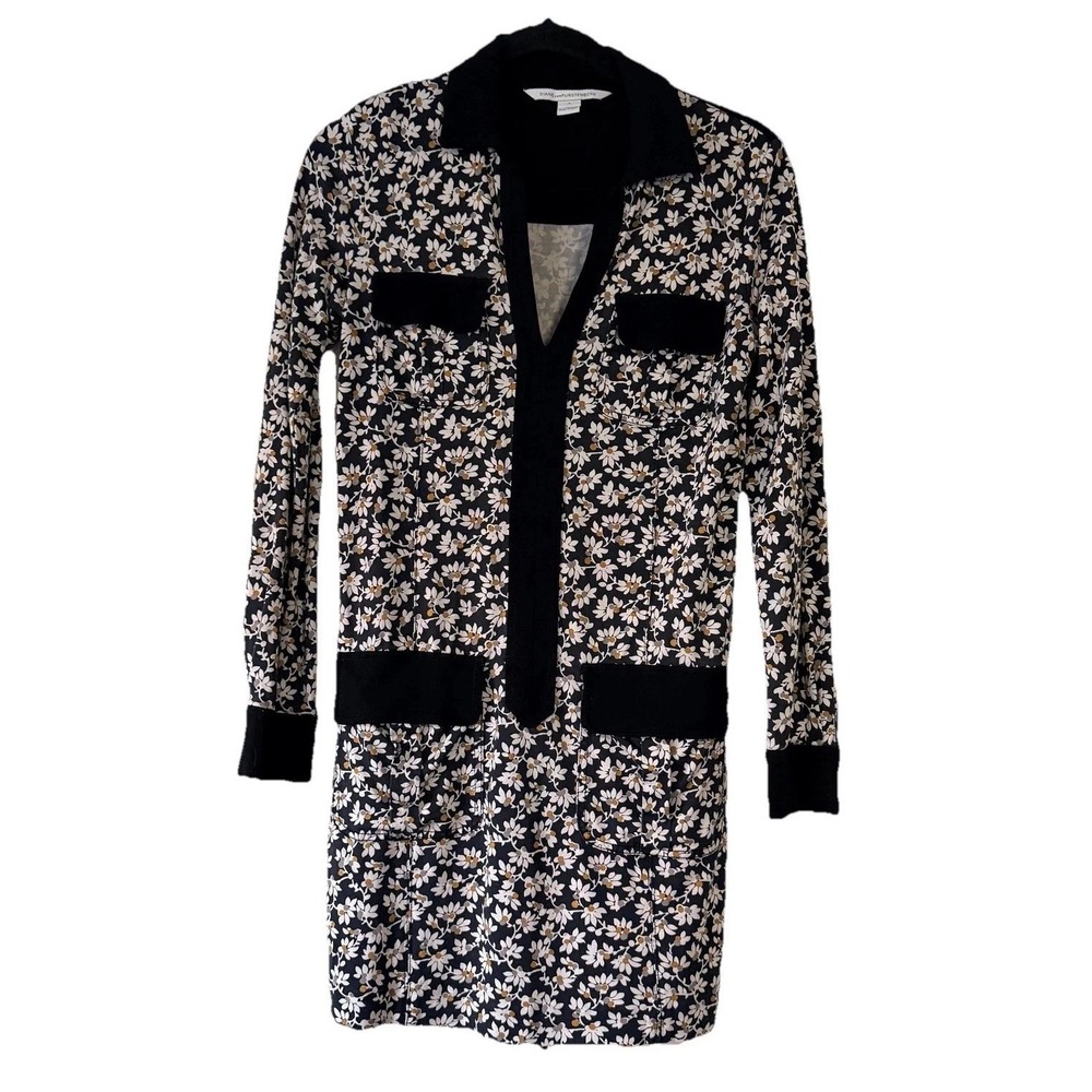 Diane Von Furstenberg Dress Womens 2 Black Daisy Floral Silk Shirt Dress Tunic